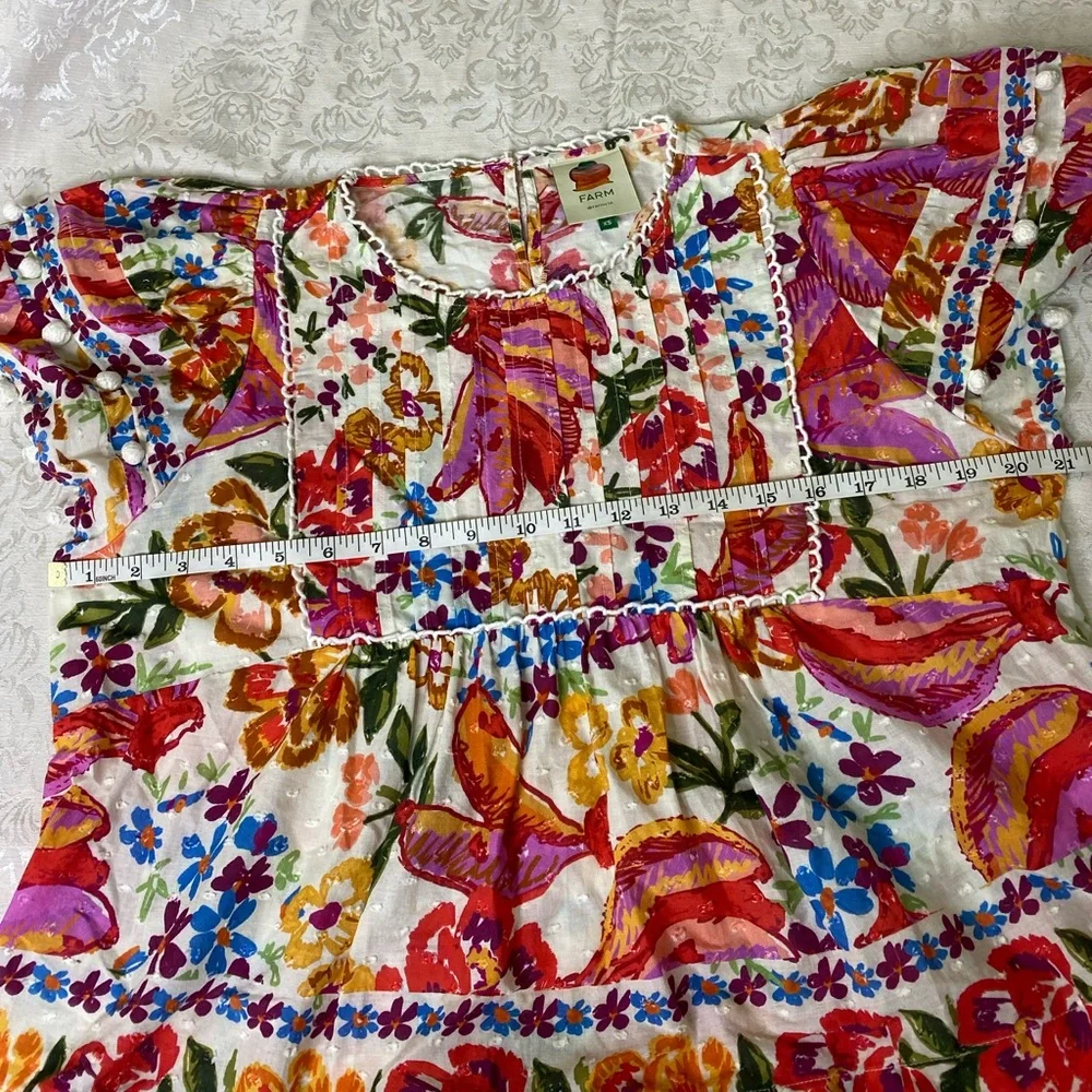FARM Rio White Floral Embroidered Puff Sleeve Top with Multicolor Blooms